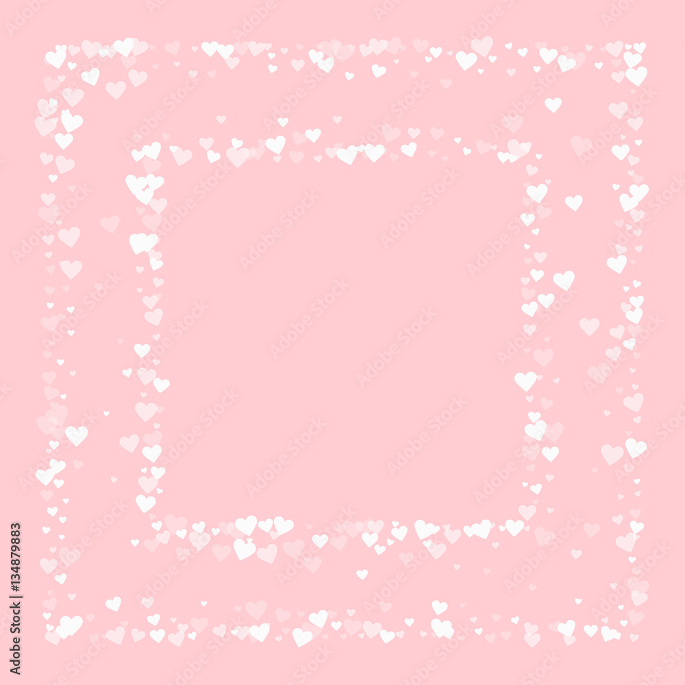 White hearts confetti. Square chaotic frame on pale_pink valentine background. Vector illustration.