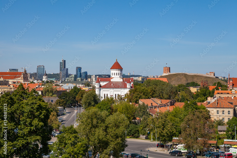  Scenic summer panoramic aerial view of down town, Gediminas hill and Cathedral of the Theotokos