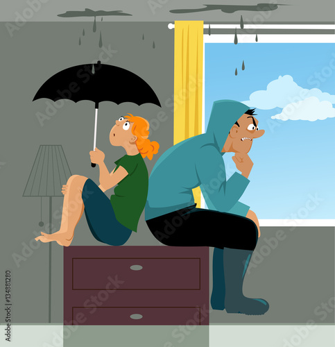 Family sitting on a dresser in a flooded living room of their house, ceiling is leaking, EPS 8 vector illustration