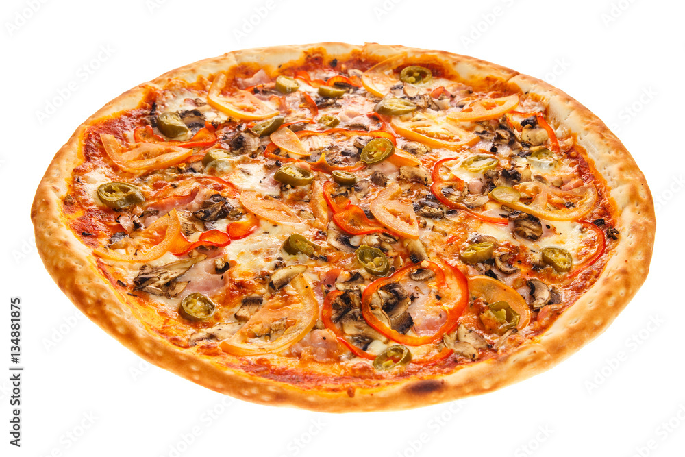 Delicious classic Mexican pizza with bacon, mushrooms, peppers, onion, tomatoes, Jalapenos and cheese
