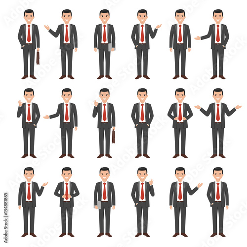 Collection of a young cartoon style smiling businessman in a grey suit