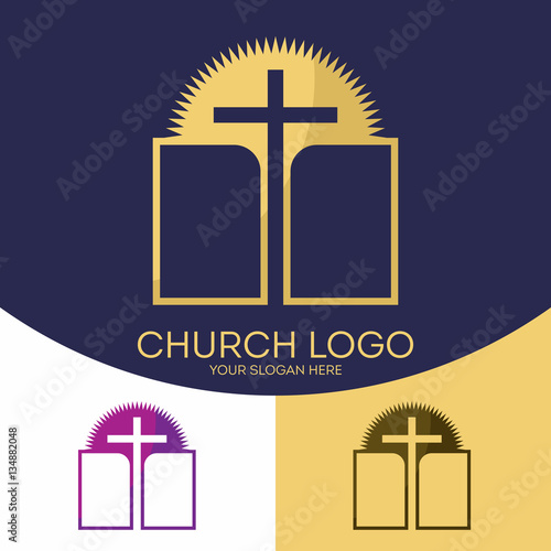 Church logo. Christian symbols. Holy Scripture, the Bible, the cross of Jesus Christ and the sun.