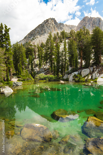A colorful green lake in the high sierra surrounded by trees and tall granite mountains