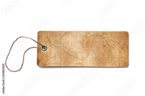 brown cardboard tags with world map piece