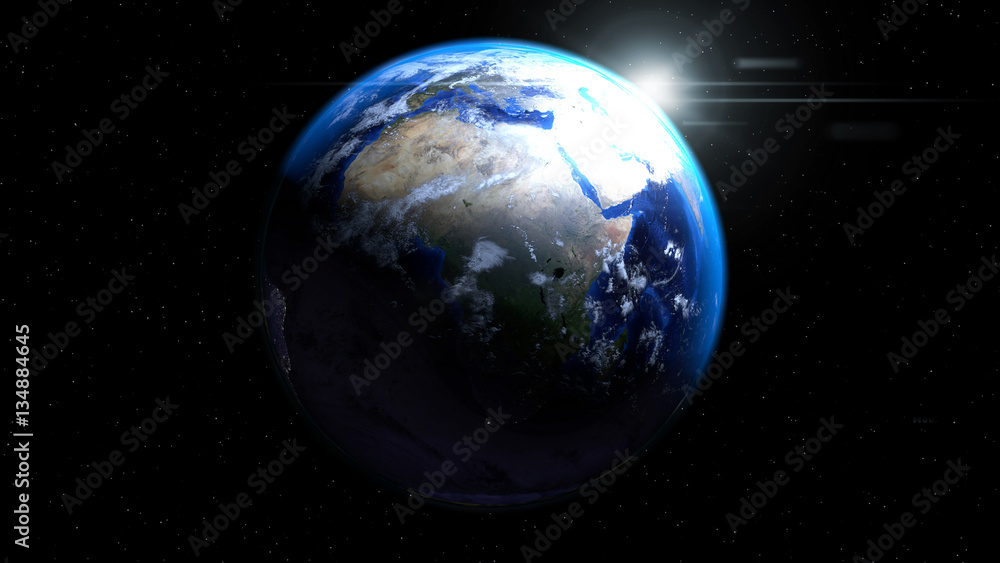 Obraz premium Earth globe from space with sun and clouds, showing Africa, Euro