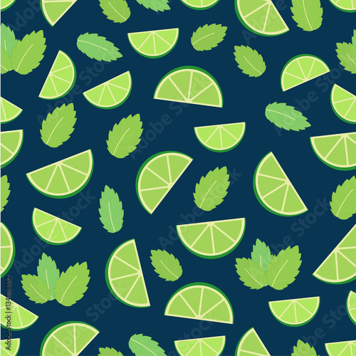 Mojito cocktail - seamless pattern of lime and mint leaves