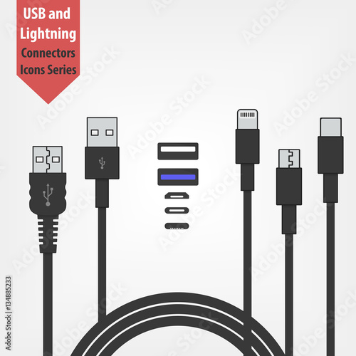 set of usb and Lightning interface black cables  isolated on white background. Micro USB, USB type c and Lightning sockets. Vector icon for computer peripherals connector or smartphone recharge supply