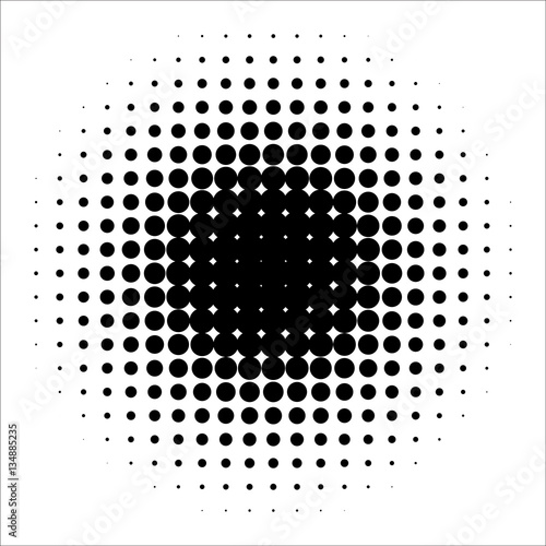 Circle halftone dot pattern texture with circular pop background and comic art. Vector grid shape with radial light gradient and round point corner. 