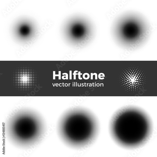 Halftone dot circles set. Vector retro style dotwork background. Abstract dotted stippling engraving texture