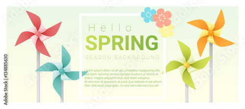Hello spring background with colorful pinwheels , vector , illustration