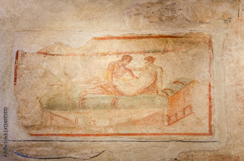 Ancient Roman fresco in Pompeii ruins  Italy.