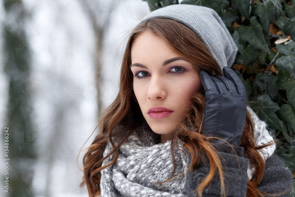 Winter portrait of beautiful brunette woman in park looking at camera. Winter portrait of beautiful brunette woman in park looking at camera.