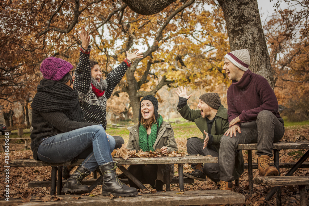Happy friends conversating and throwing up leaves at the park in Happy friends conversating and throwing up leaves at the park in