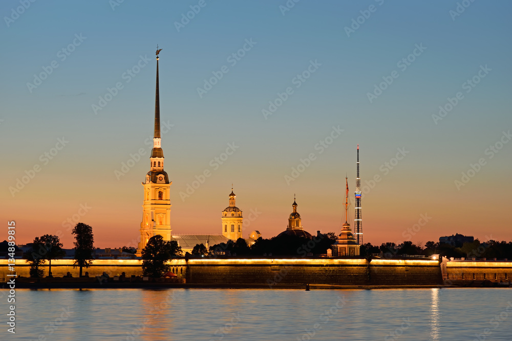 Peter and Paul fortress with the Palace promenade at sunset