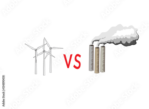 Vector image of wind turbines versus chimneys