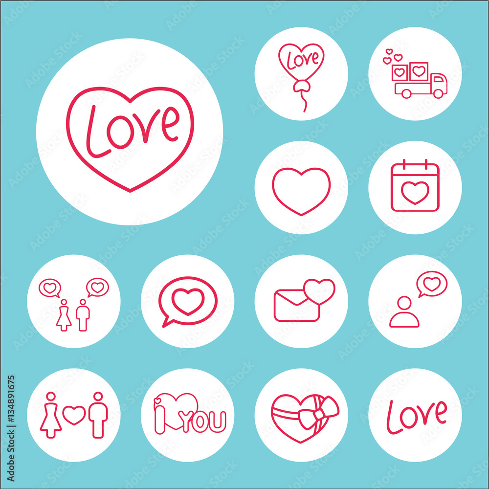 love in heart line icons set