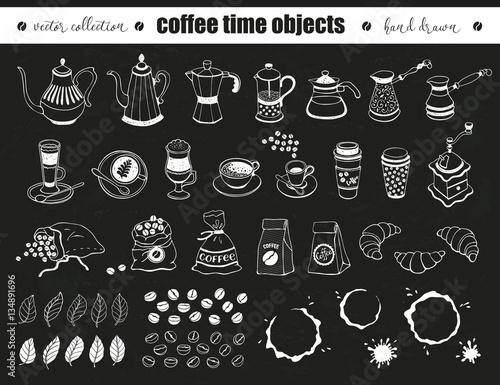 Hand drawn coffee time objects collection. Doodle coffee pots, cups and bags on chalkboard. Vector illustration of coffee icons for cafe and restaurant menu design.