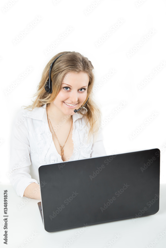 Business girl with headphones and laptop Business girl with headphones and laptop