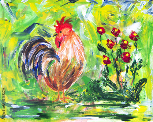 Colorful cock and flowers