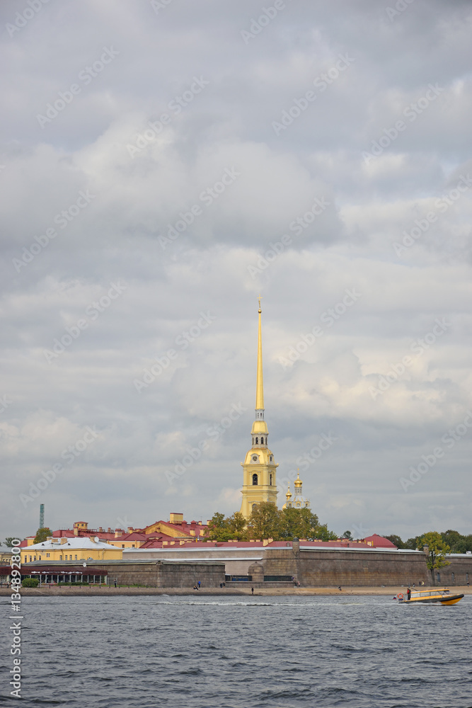 Peter and Paul fortress, the boat and the river Neva under the b