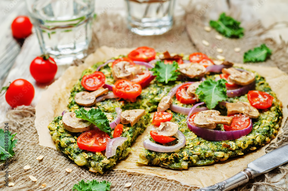 Kale oats pizza crust with tomato, red onion and mushrooms Kale oats pizza crust with tomato, red onion and mushrooms