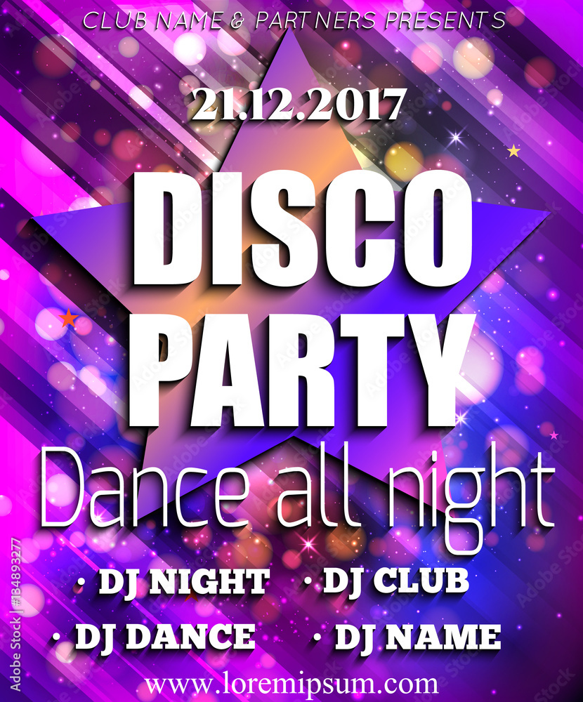 Disco Party Poster Background Template. Festival Vector mockup.