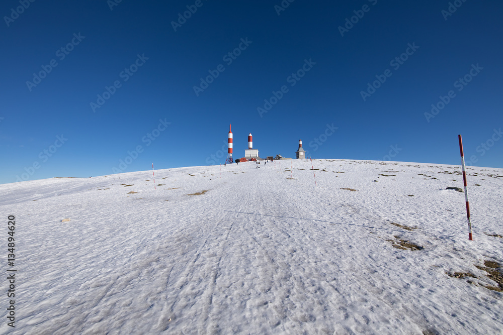 landscape of snow mountain summit, named Bola del Mundo, World Ball, in Navacerrada, Sierra de Guadarrama National Park, Madrid Spain Europe

