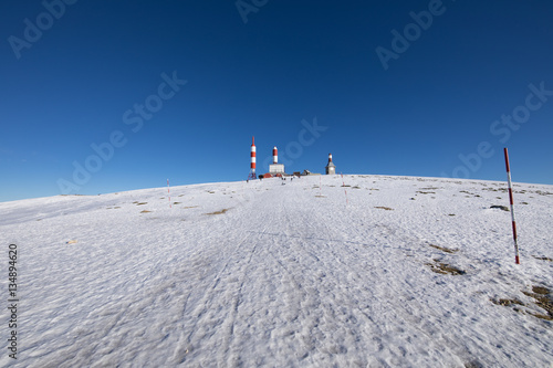 landscape of snow mountain summit, named Bola del Mundo, World Ball, in Navacerrada, Sierra de Guadarrama National Park, Madrid Spain Europe
 photo