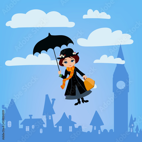 Mary Poppins flies over London. Vector illustration.