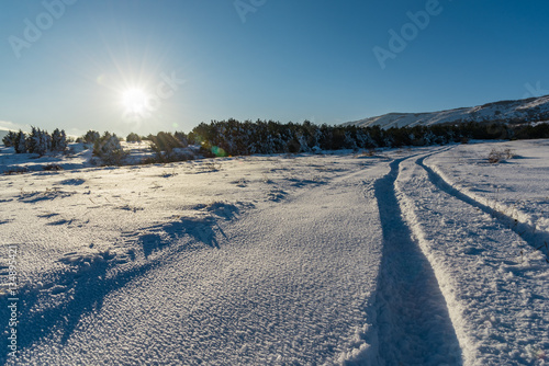 Bright white sun shines on field and snow road. Russia  Stary Kr