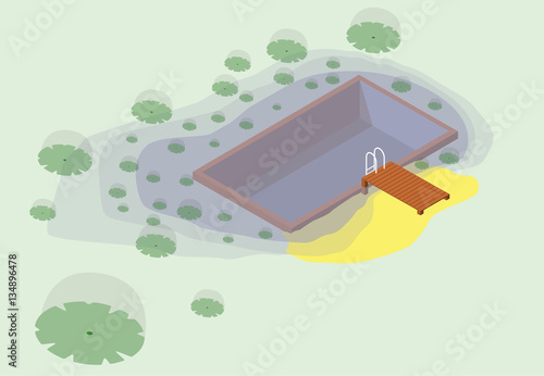 Isometric garden project at bathing pond. Oasis of calm in garden of house. Swim pond with plants and rectangular swimming area. Natural garden swimming pond. Vector illustration of water surface.