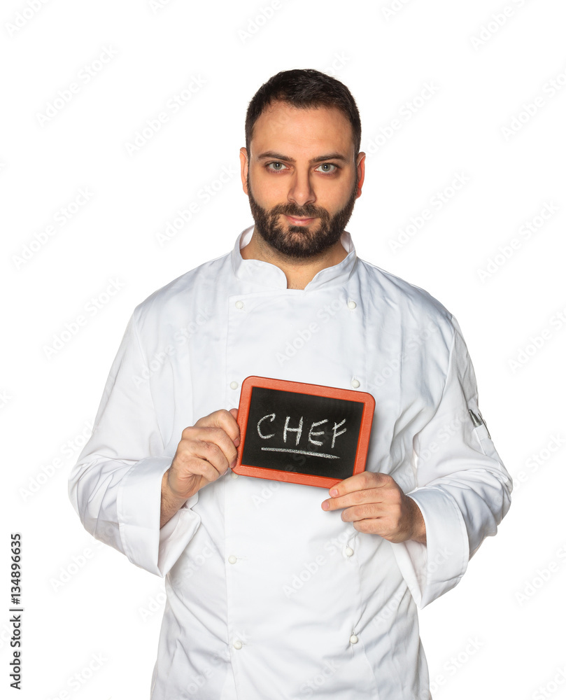 Young chef with chalkboard. Young chef with chalkboard.