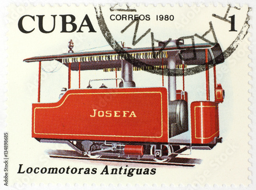 A stamp printed in by Cuba shows antique Josefa locomotive, circa 1980 photo