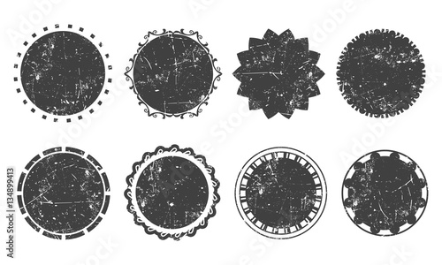 Set of eight various round grunge stamps, badges and banners, vector illustration.
