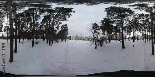 360 vr Video Hiking in Wintry Park View of Town Through Trees Wintry Provintial Cityscape Evening in Residential Area Durind Christmas Holidays photo