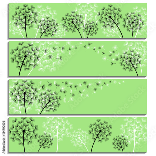 Set of horizontal green banners with dandelions fluff