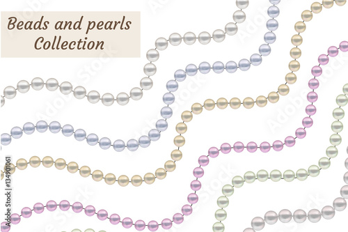 Realistic beads of pearls set. Collection borders jewelry decoration. Vector illustration