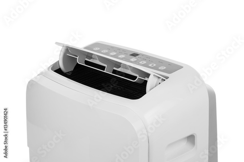 Studio closeup product shot of a portable air conditioner or mobile dehumidifier isolated on white background with copy space. Climate control equipment