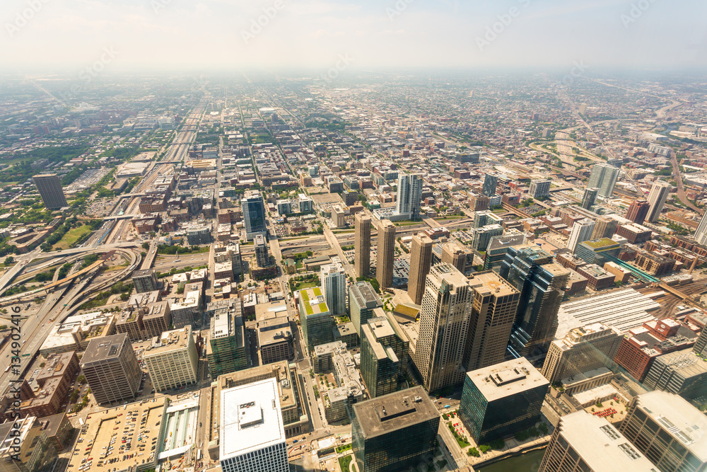 Fototapeta premium Aerial view of Chicago downtown at foggy day