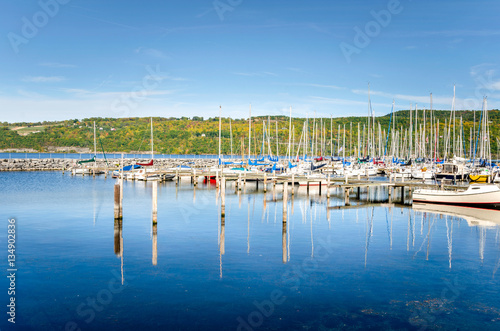 Sailing Boats in Harbour on a Sunny Autumn Day. Seneca Lake, Upstate New York