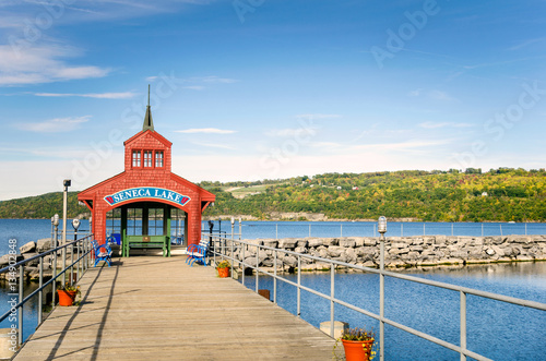 Deserted Pier with a Red Shelter on Seneca Lake, Upstate New York