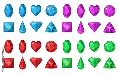 Multi-colored gems set. Jewelry, crystals collection isolated on white background. Diamonds  different  cut. Colorful gemstones collection. Realistic, cartoon style. Vector illustration, clip art