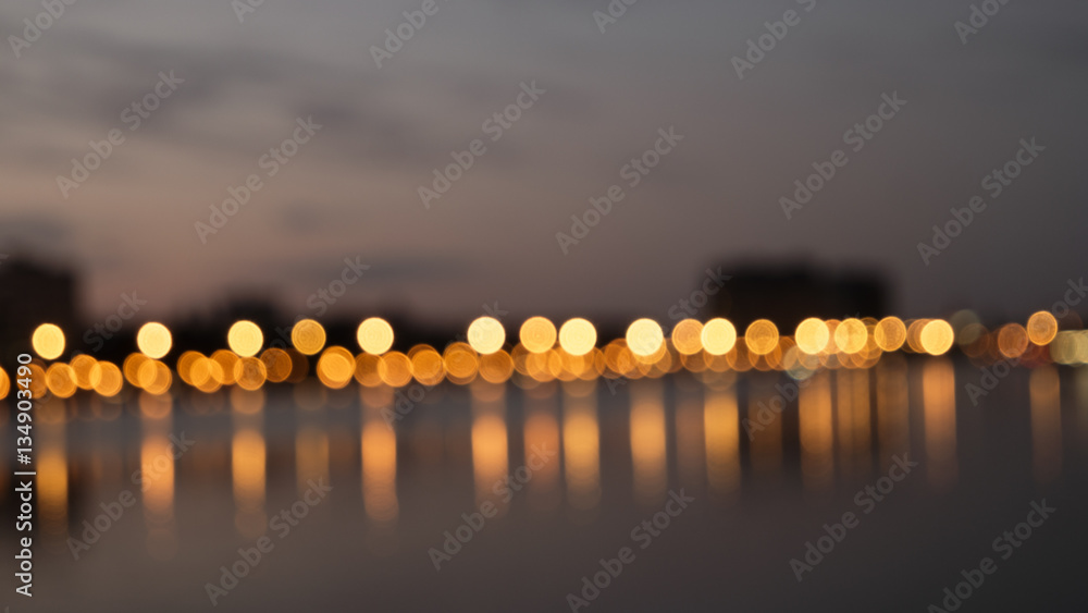 Bokeh night lights blurry abstract backgroun og city waterfront in a night - obrazy, fototapety, plakaty 
