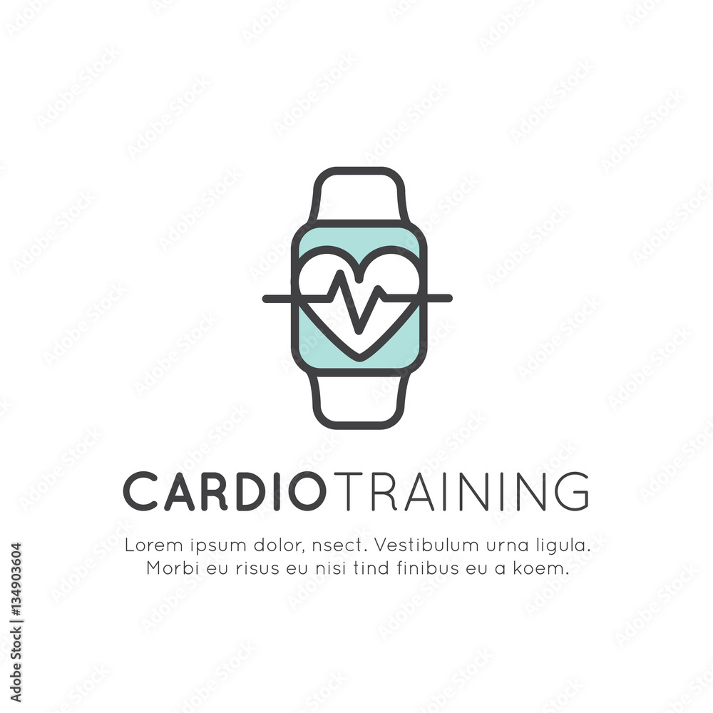 Vector Icon Style Illustration Logo of cardio training, fitness and gym workout object. Healthy lifestyle, Bodybuilding and Heart beat pulse, Mobile Tracking App and Watch Vector Icon Style Illustration Logo of cardio training, fitness and gym workout object. Healthy lifestyle, Bodybuilding and Heart beat pulse, Mobile Tracking App and Watch