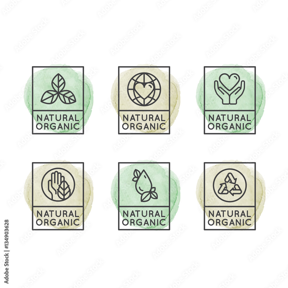 Isolated Vector Style Illustration Logo Set Badge Fresh Organic, Eco Product, Bio Ingredient Label Badge with Leaf, Earth, Green Concept, Watercolor Outline Icons