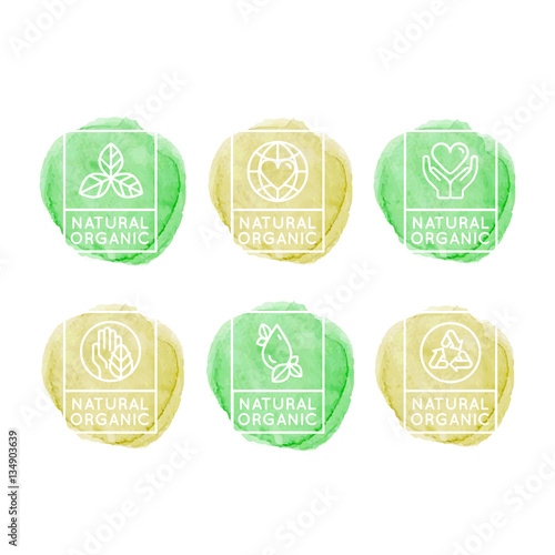 Isolated Vector Style Illustration Logo Set Badge Fresh Organic, Eco Product, Bio Ingredient Label Badge with Leaf, Earth, Green Concept, Watercolor Outline Icons
