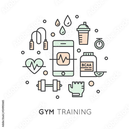 Collection of vector line style logos with weightloss, active lifestyle and gym training elements. Fitness and active lifestyle symbols. Line logotype collection.