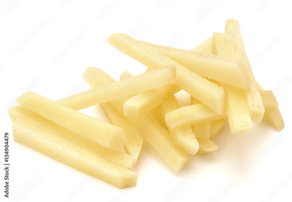 Raw Potato sliced strips prepared for French fries isolated on w Raw Potato sliced strips prepared for French fries isolated on w