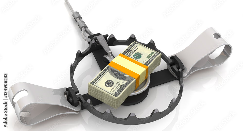 Money as a dangerous lure. Stack of packs of 100 dollar American bills, tied with a ribbon, as bait in trap on a white surface Money as a dangerous lure. Stack of packs of 100 dollar American bills, tied with a ribbon, as bait in trap on a white surface