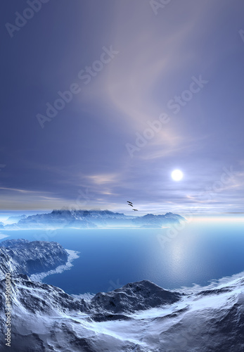 3d Created and Rendered Fantasy Landscape with Ice and Snow - Illustration